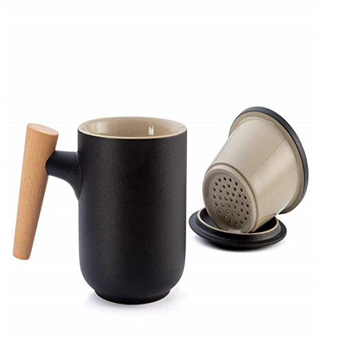 Ceramic Tea Cup with Filter and Lid Tea Mugs with Wooden Handle，10oz