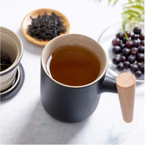 Ceramic Tea Cup with Filter and Lid Tea Mugs with Wooden Handle，10oz